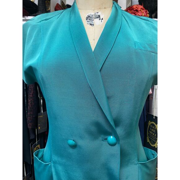 vintage 1980s Ted Lapidus emerald green faille double breasted dress med 80s 31 - Picture 2 of 12